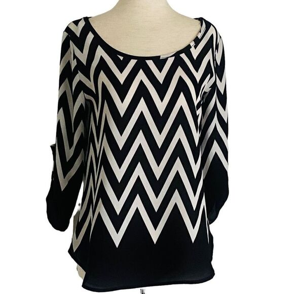 VTG A’Gaci Blouse Black White Chevron Sheer Made In USA Sz S Vintage Classic, S2 - Picture 1 of 7